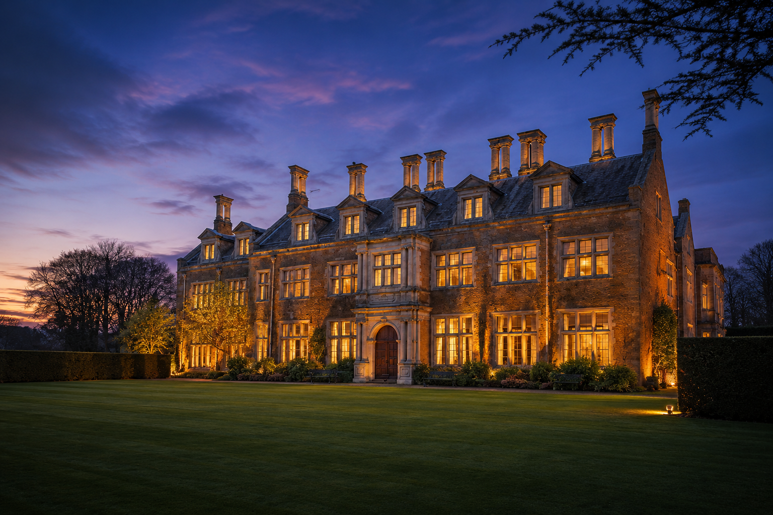 Holdenby House at dusk with warm interior lighting